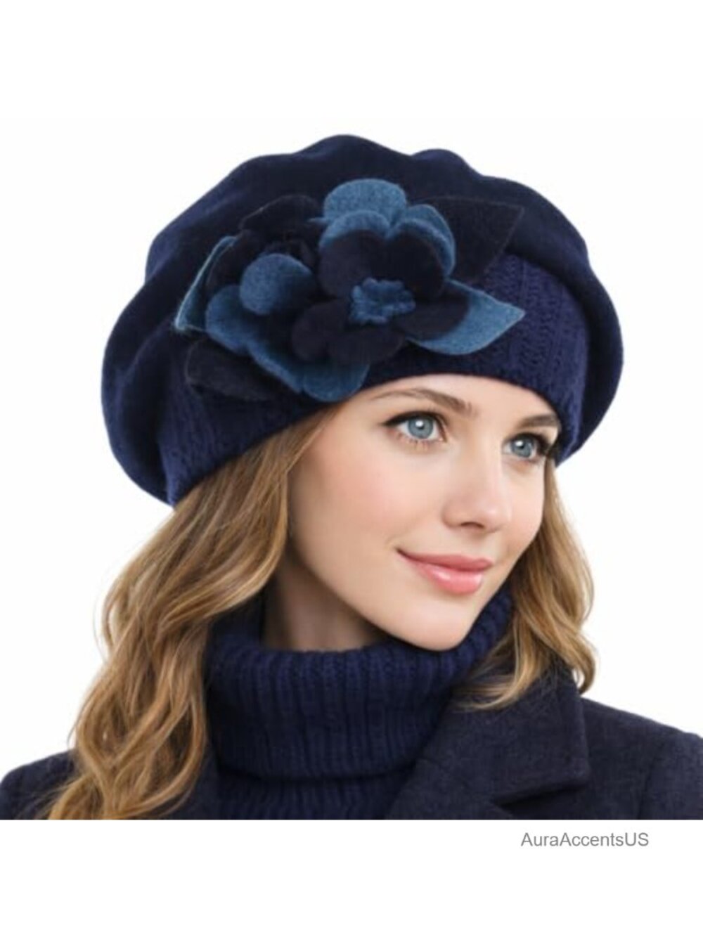 100% Wool Lady French Beret Winter Hat with Knitted Brim - Adjustable Chic